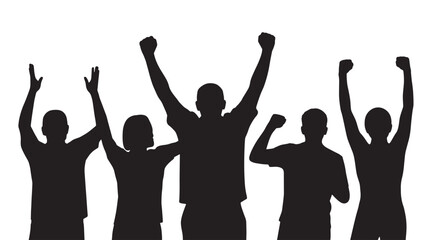 Energetic crowd cheering with raised fists and arms in the air, symbolizing unity and collective excitement.