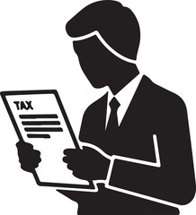 Professional businessman reviewing tax documents and financial paperwork with serious expression isolated on transparent background