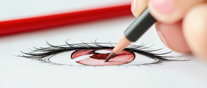Close up of hand coloring anime eye drawing with red pencil on white paper