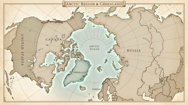 World map showing the arctic region, arctic ocean, greenland, and surrounding continents with countries like canada, russia, united states, and norway in a vintage cartography style