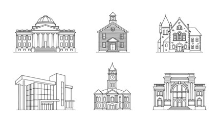 courthouse, 6 black delicate line drawings vector set collection , white background , PNG and SVG