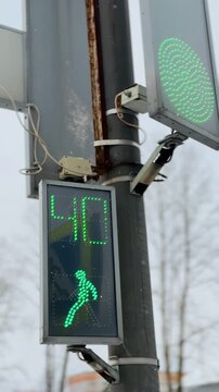 Green Pedestrian Walk Signal Showing Countdown And Animated Walking Icon On LED Display Transparent Casing, Pole Mounting And Tree Background Suggest Urban Intersection, Evening Commute.