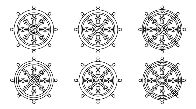 dharma wheel, 6 black delicate line drawings vector set collection , white background , PNG and SVG