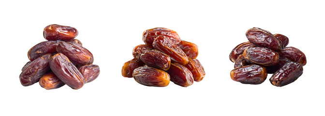 Obraz premium Three piles of date fruit isolated on transparent background PNG set