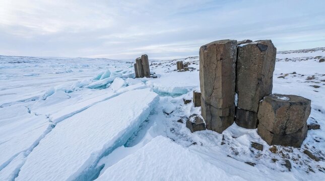 Basalt columns emerging from a snow-covered landscape with large cracked ice blocks on a frozen riverbed, showcasing cold natural geological formations