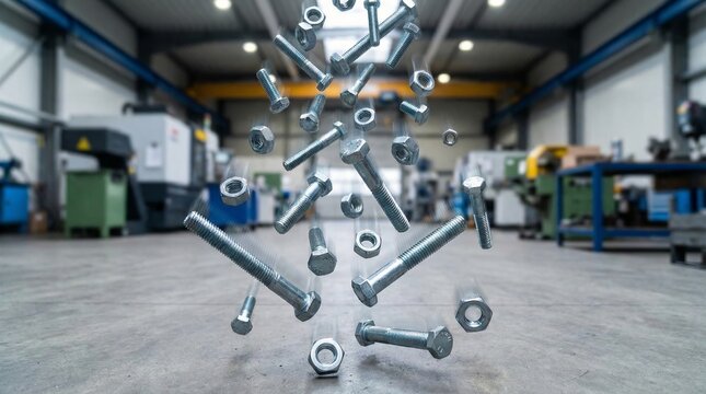 Numerous metallic hex bolts and nuts falling and assembling together, creating a dynamic sense of motion and construction in a manufacturing environment