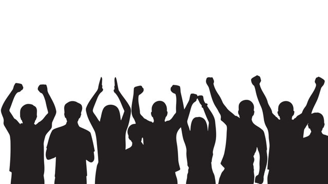 Group silhouette of cheering crowd with raised hands, celebrating a victory or event, symbolizing success and unity.