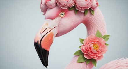 Pink flamingo adorned with flowers against a soft gray background 
