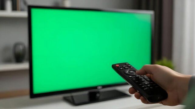 Hand holding a black television remote control to push buttons for changing the channel and watching media on an lcd screen isolated on white for home entertainment technology