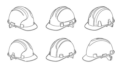 Fototapeta premium hard hat, 6 black delicate line drawings vector set collection , white background , PNG and SVG