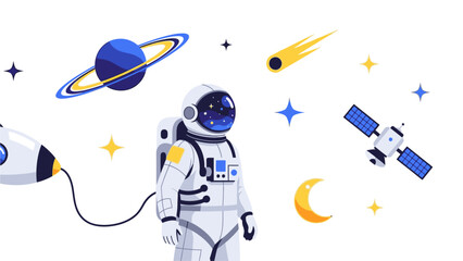 Astronaut in a white spacesuit standing among illustrations of planets, stars, and a satellite in a colorful space-themed flat lay composition. © Anton AL Ghifari