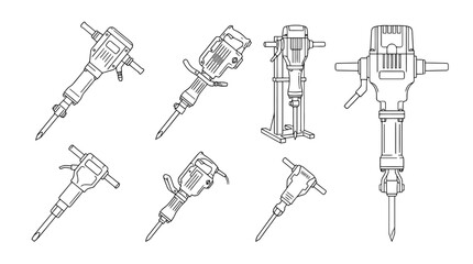 Obraz premium jackhammer, 6 black delicate line drawings vector set collection , white background , PNG and SVG