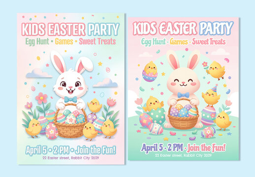 Kids Easter Party Celebration Poster Layout Set