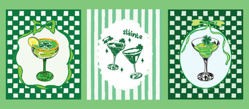 Irish Shamrock Martini Poster Set Retro Design