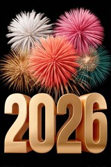 Golden 2026 numbers illuminated by colorful fireworks against a black background