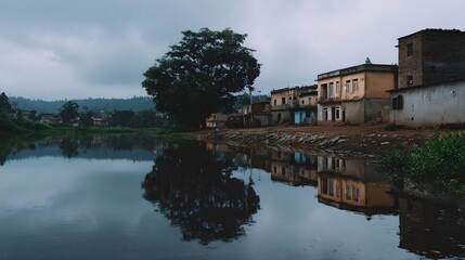 Fototapeta premium Serene reflections of an old village and a large tree on a cloudy day beside a calm river