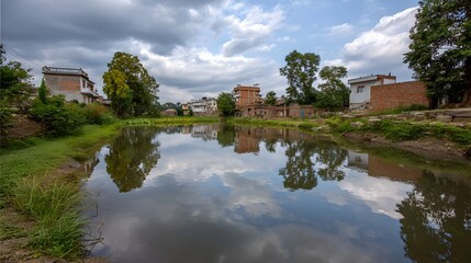 Obraz premium Serene village scene with calm water reflecting dramatic clouds and traditional buildings