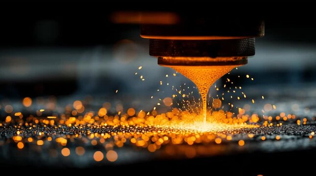 High Precision Metal 3D Printing Laser Melting Titanium Powder in Industrial Additive Manufacturing Process, Sparks and Controlled Melt Pool in Modern Smart Factory Environment