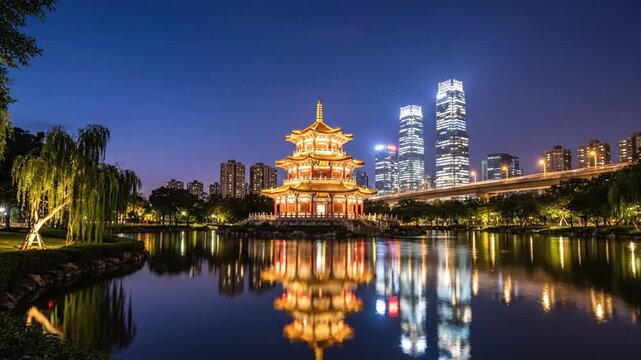 Chinese pagoda reflecting in water with modern city backdrop at night