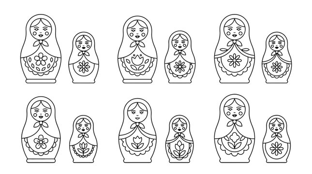 matryoshka doll, 6 black delicate line drawings vector set collection , white background , PNG and SVG