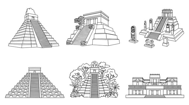mayan temple, 6 black delicate line drawings vector set collection , white background , PNG and SVG