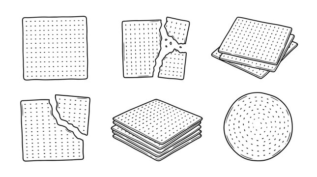 matzo, 6 black delicate line drawings vector set collection , white background , PNG and SVG