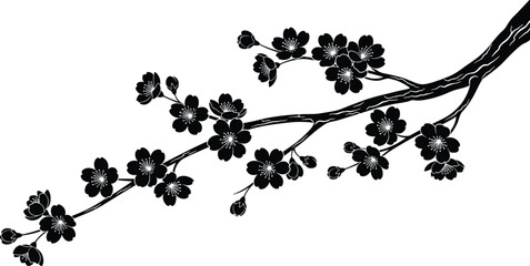 Black silhouette cherry blossom branch, plum tree flowers blooming, elegant sakura twigs detailed petals buds, minimalist vector illustration, Japanese floral design element © Abu