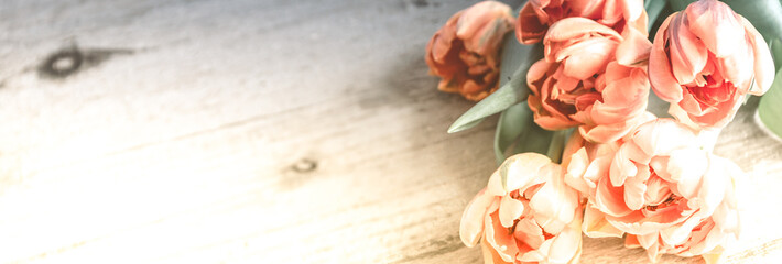 Tulpen orange in einer Reihe vor Holz Dekoration