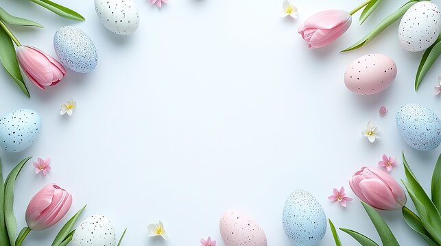 easter frame with pastel pink and blue eggs, tulips on a white background. easter concept, top view, space for text.
