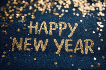 Fototapeta premium Happy New Year glitter text on blue background with gold confetti and festive mood