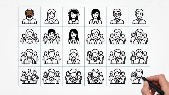 Hand drawing diverse people icons representing teamwork and collaboration for business concepts using a pen on white background