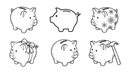 Fototapeta premium piggy bank, 6 black delicate line drawings vector set collection , white background , PNG and SVG