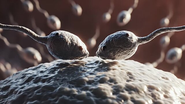 Microscopic view of fertilization process sperm cells approaching egg cell medical concept