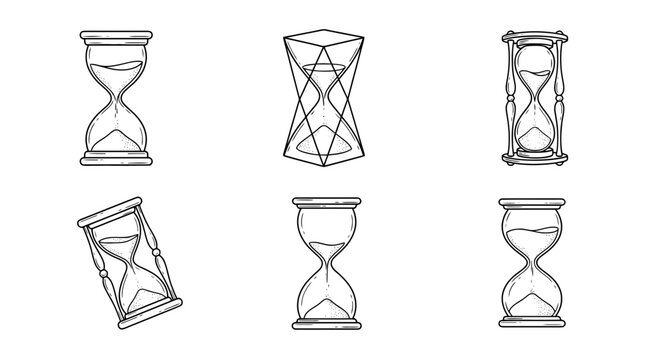 sand timer, 6 black delicate line drawings vector set collection , white background , PNG and SVG