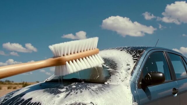 Cleaning a car with a brush on a sunny day outdoors