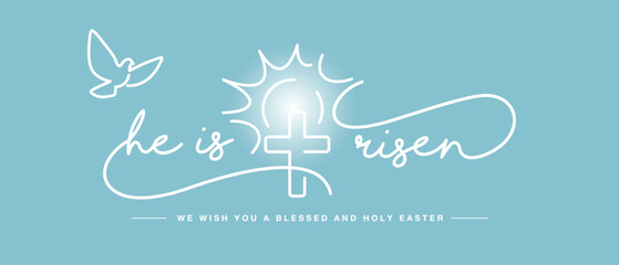He is risen handwitten calligraphy typography with Cross, Holy Spirit Dove and shining sun line design on a sea green background. We wish you a blessed and holy Easter © simbos