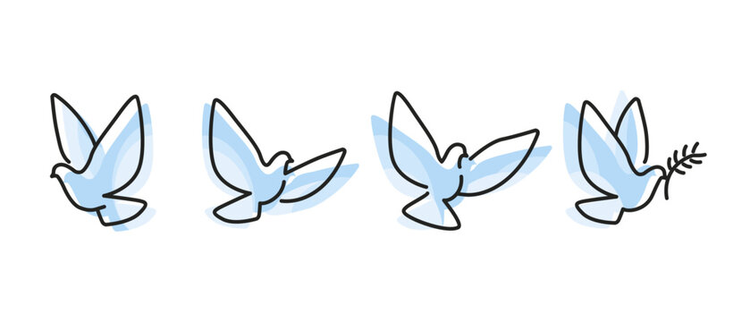 Christian light blue draw Holy Spirit Doves with olive branch vector for peace, faith, and spiritual design. Handwritten line design logo concepts