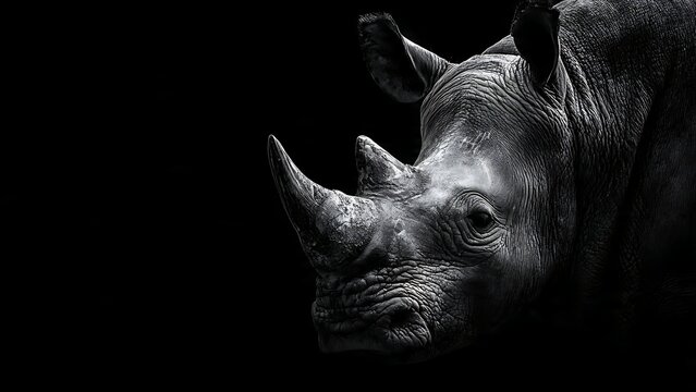 Detailed Portrait of a White Rhinoceros Against a Dark Background