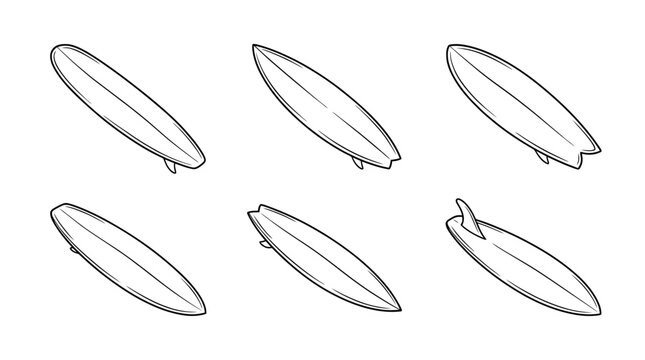 surfing board, 6 black delicate line drawings vector set collection , white background , PNG and SVG