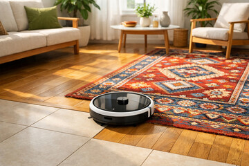 Robotic Vacuum Cleaner Cleaning Modern Living Room Floor