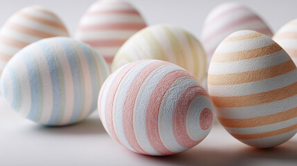 Fototapeta premium Colorful striped easter eggs arranged together on a light gray surface for spring celebrations.