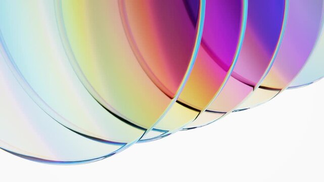 Precise elegant iridescent discs glass plates isolated on white background. Seamless loop.