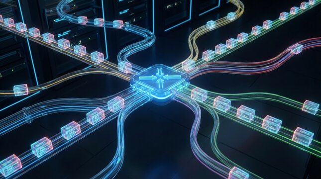 Transparent fiber cables converging on a central router, glowing packets flowing to illustrate high-speed data synchronization, cloud networking and secure server infrastructure