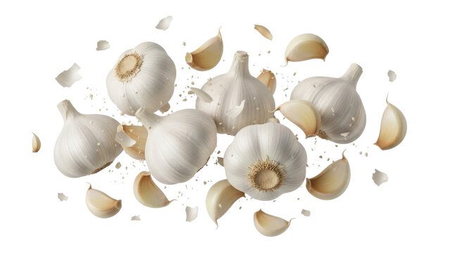 Scattered garlic cloves isolated on transparent background