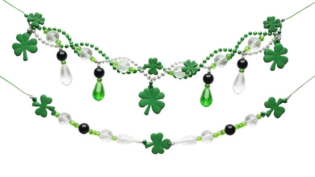 Green and white gemstone necklace with shamrocks isolated on transparent background