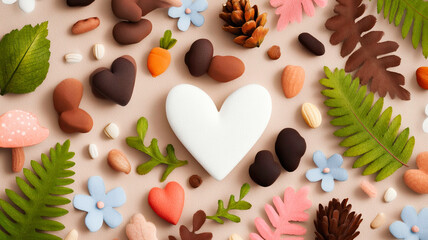 Obraz premium Adorable Chocolate Heart Characters Featured in an Intricate Botanical Illustration with Flowers