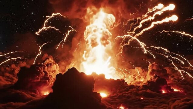 Volcanic eruption with lava and ash spewing into the night sky  