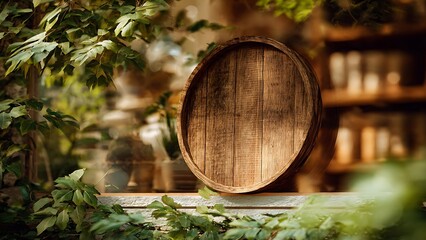 Rustic Wooden Barrel Surrounded by Green Leaves and Natural Light