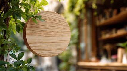 Wooden Round Sign Against Green Leaves in Cozy Outdoor Setting