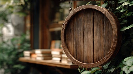 Rustic Wooden Sign Hanging in Greenery Near Books and Shelves